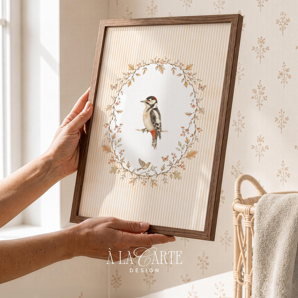Nature study bird poster for living room — elegant woodland illustration with delicate leaf border and warm vintage palette