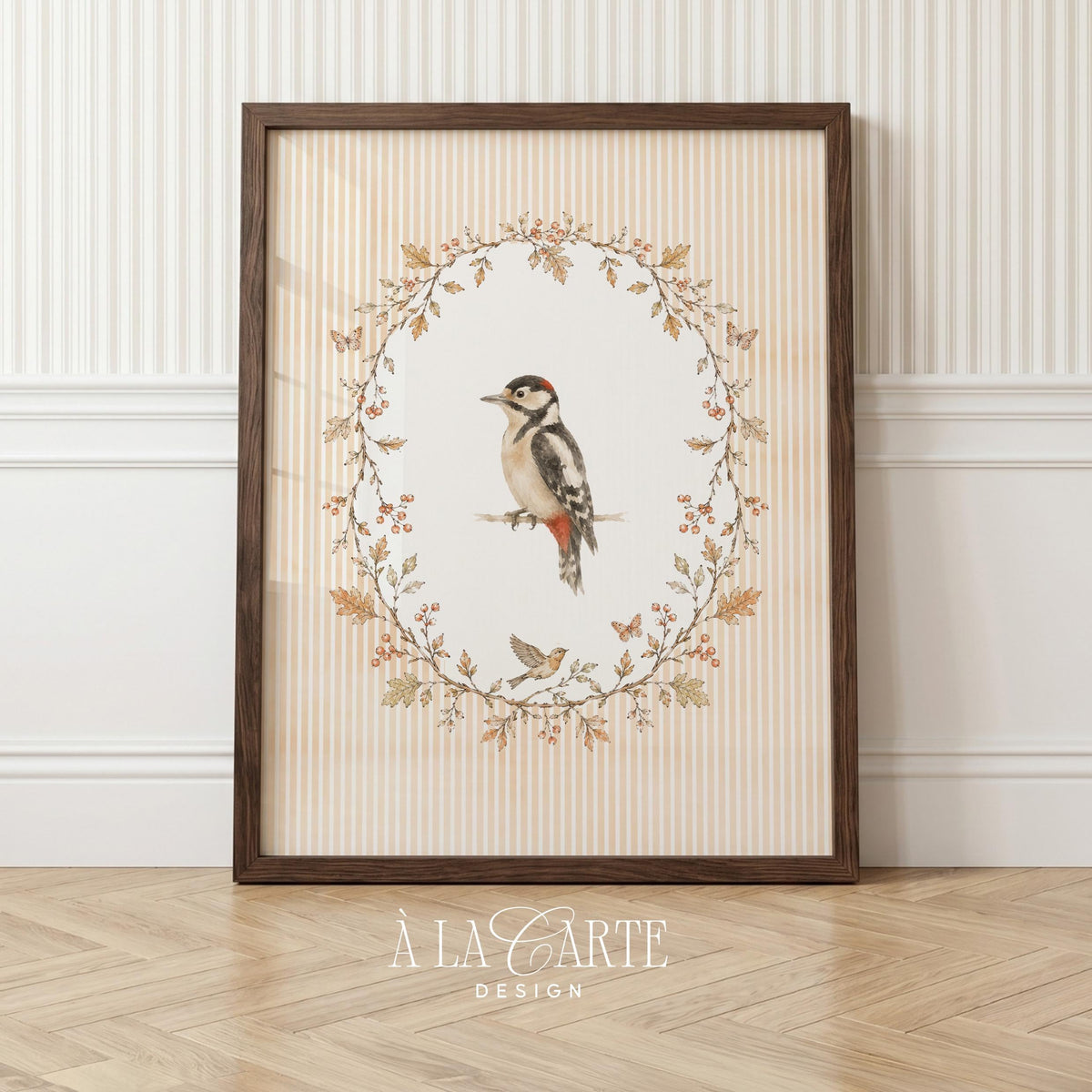 Vintage woodpecker wall art instant download — soft black, white, and red nature study with ornamental wreath