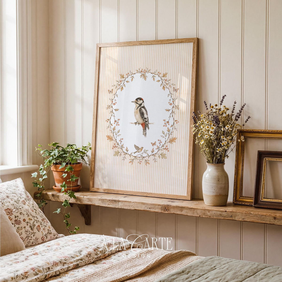 Woodpecker gallery wall printable featuring seasonal foliage frame — rustic farmhouse aesthetic on neutral background