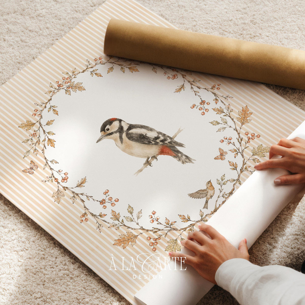 Woodland bird digital print for farmhouse decor — fine detail illustration with berries, leaves, and companion songbird