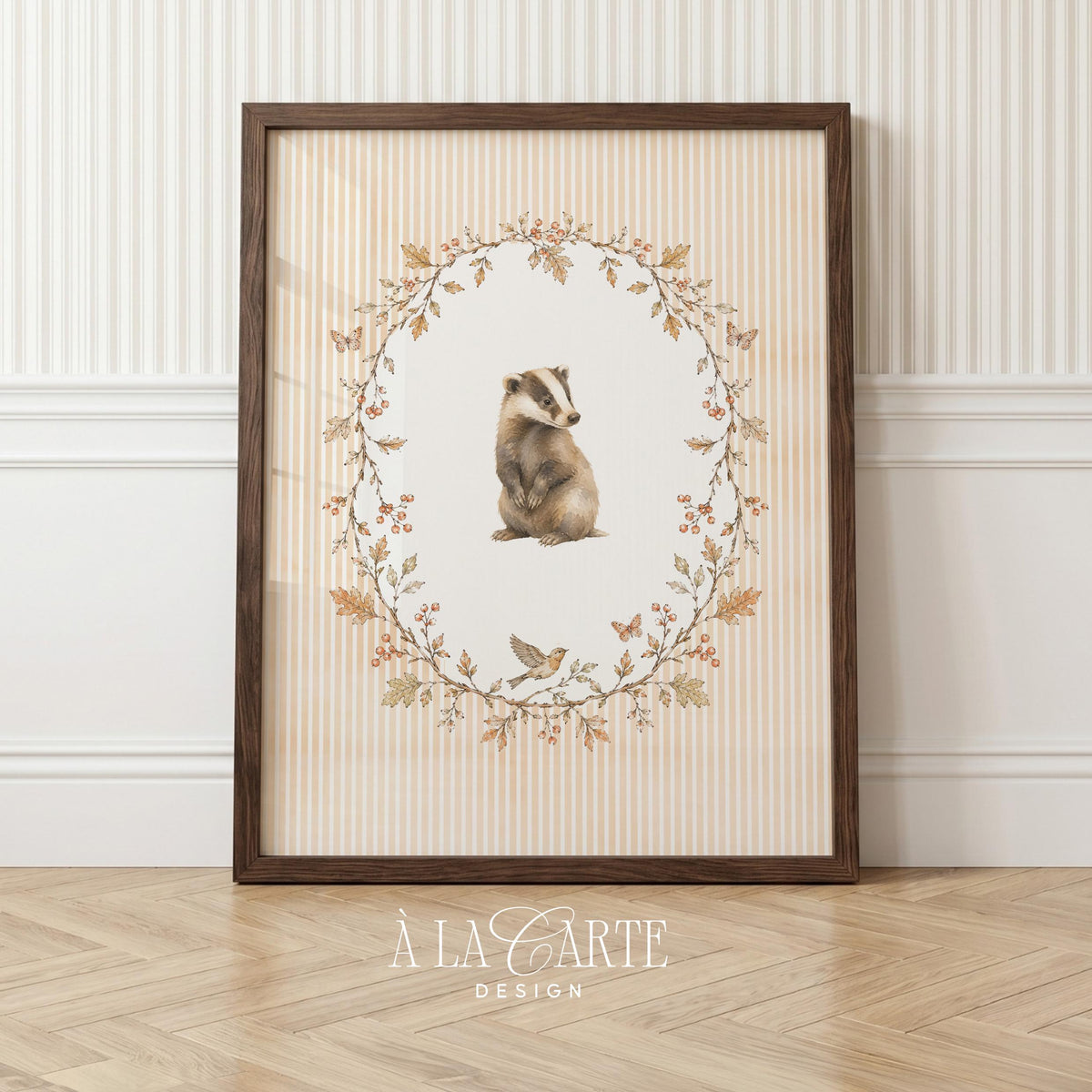 Badger with botanical wreath poster for farmhouse decor — creamy vintage palette, fine linework, and nature-inspired design