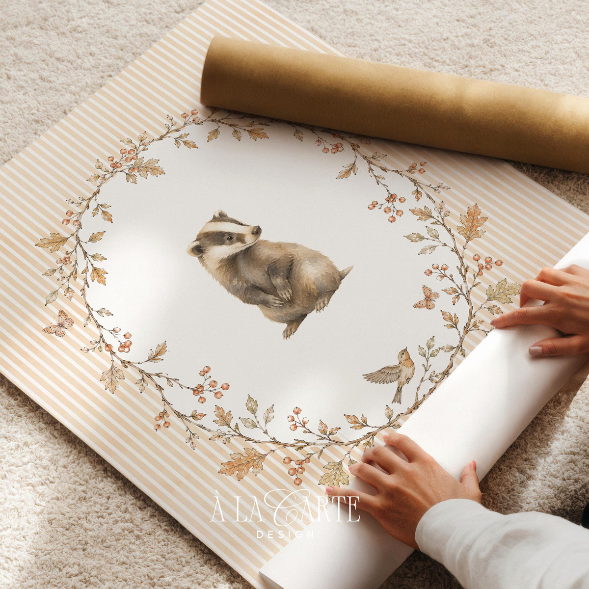 Forest creature badger poster instant download — delicate watercolor with oval leaf frame, bird companion, cream and tan palette