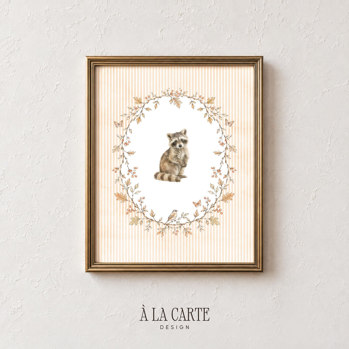 Gentle raccoon gallery wall print — botanical wreath artwork in muted earth tones for soft nursery aesthetic