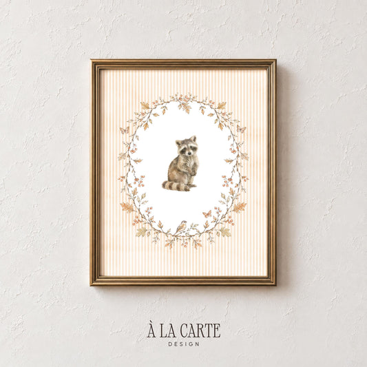 Gentle raccoon gallery wall print — botanical wreath artwork in muted earth tones for soft nursery aesthetic