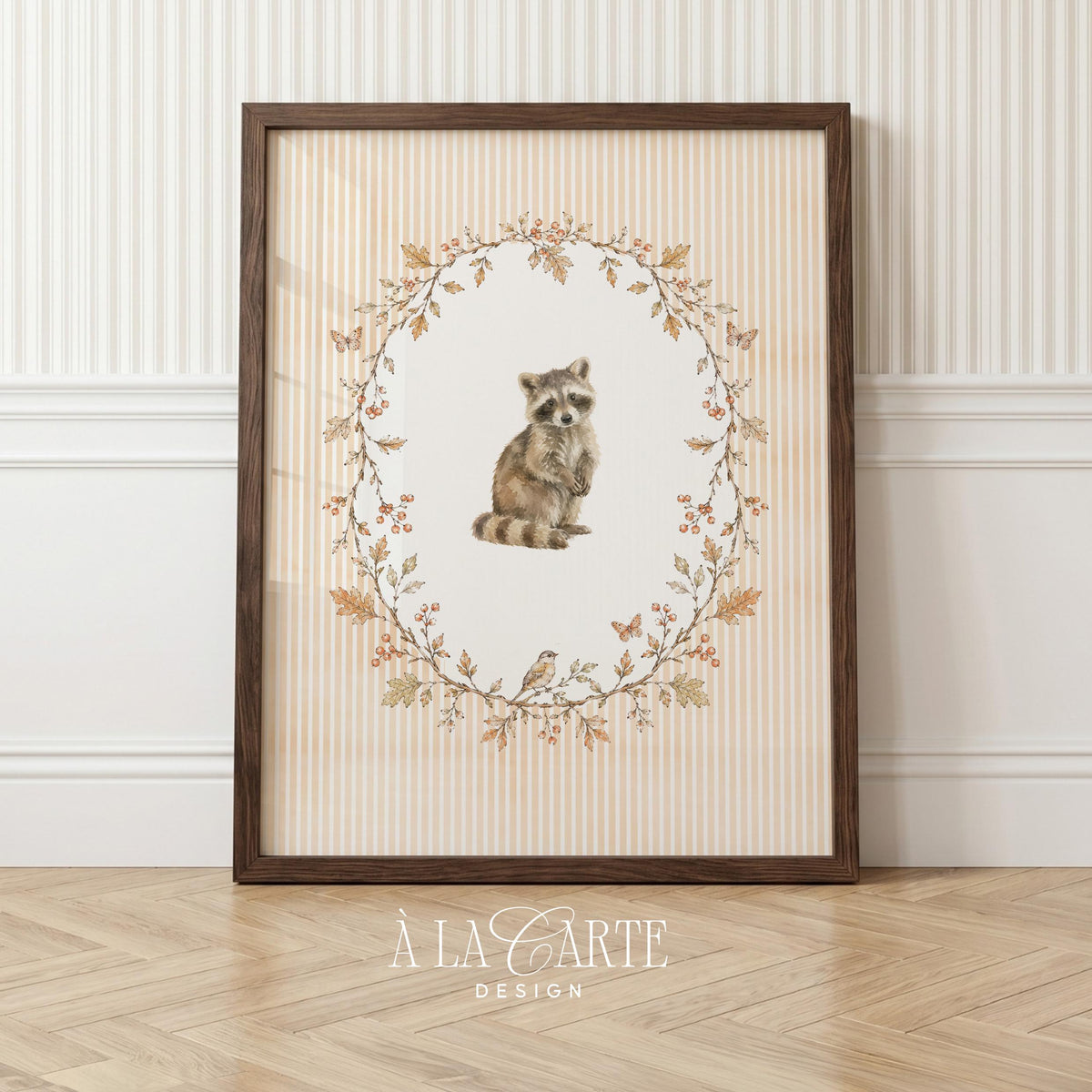 Young bandit animal wall print for baby room — cottagecore botanical illustration with gentle color palette