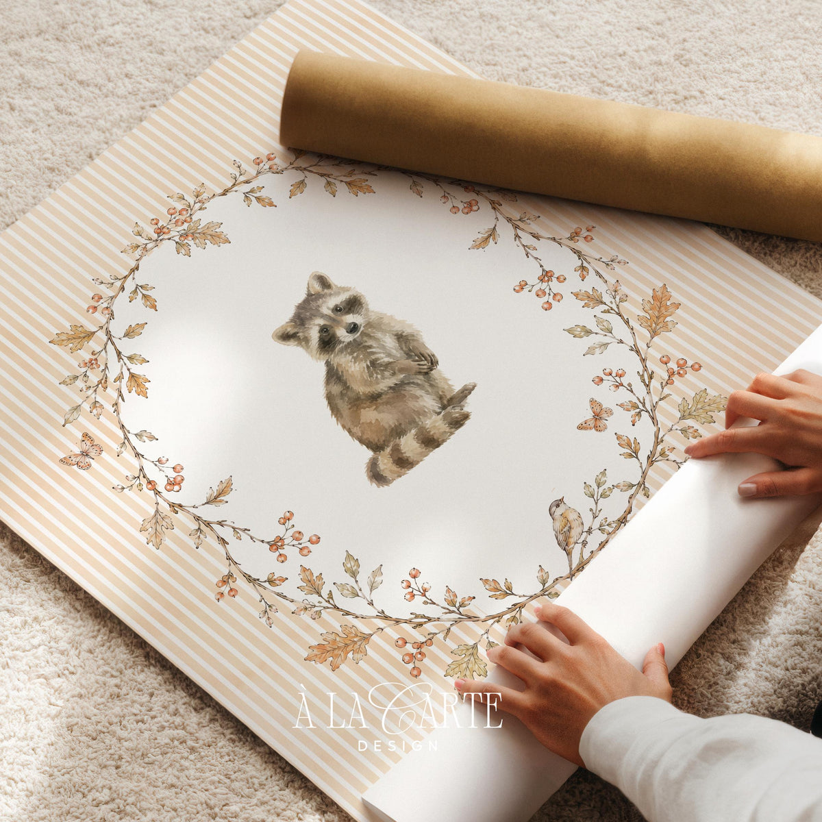 Sweet raccoon illustration wall art for kids room — muted floral wreath design with butterfly accents