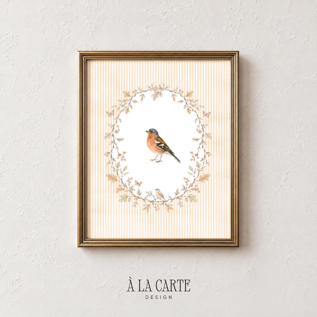 Orange-breasted songbird poster for nursery — soft watercolor design with cream pinstriped background and nature-inspired aesthetic