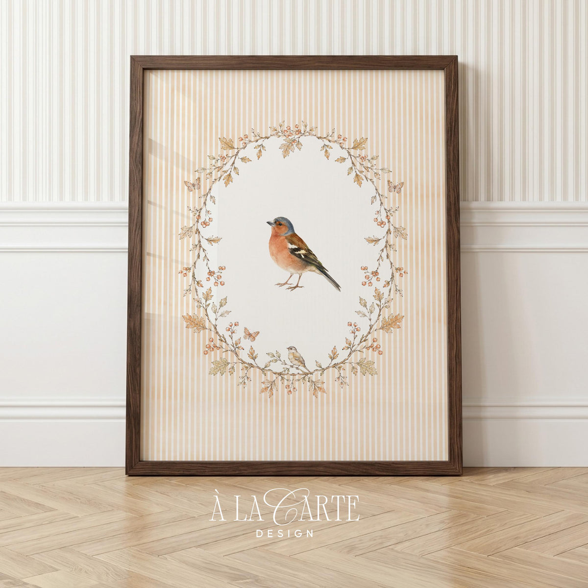 Small woodland bird painting featuring delicate foliage frame — vintage farmhouse wall art with muted gold accents