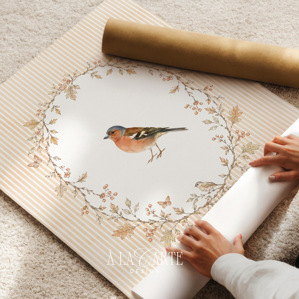 Small perched bird wall picture for den — vintage botanical watercolor with cream background and sage foliage accents