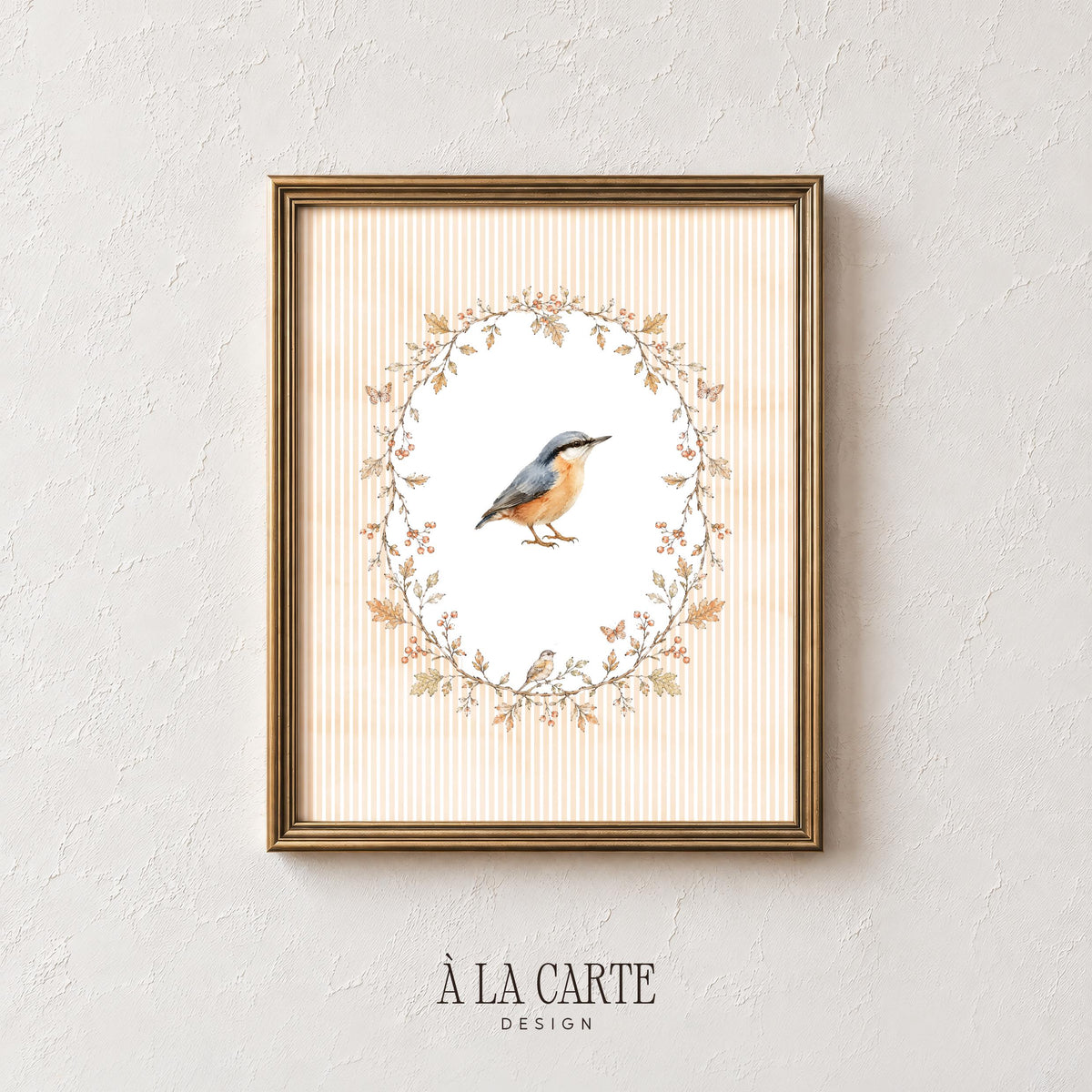 Blue-gray nuthatch poster for living room — charming watercolor illustration on cream striped background, elegant botanical frame