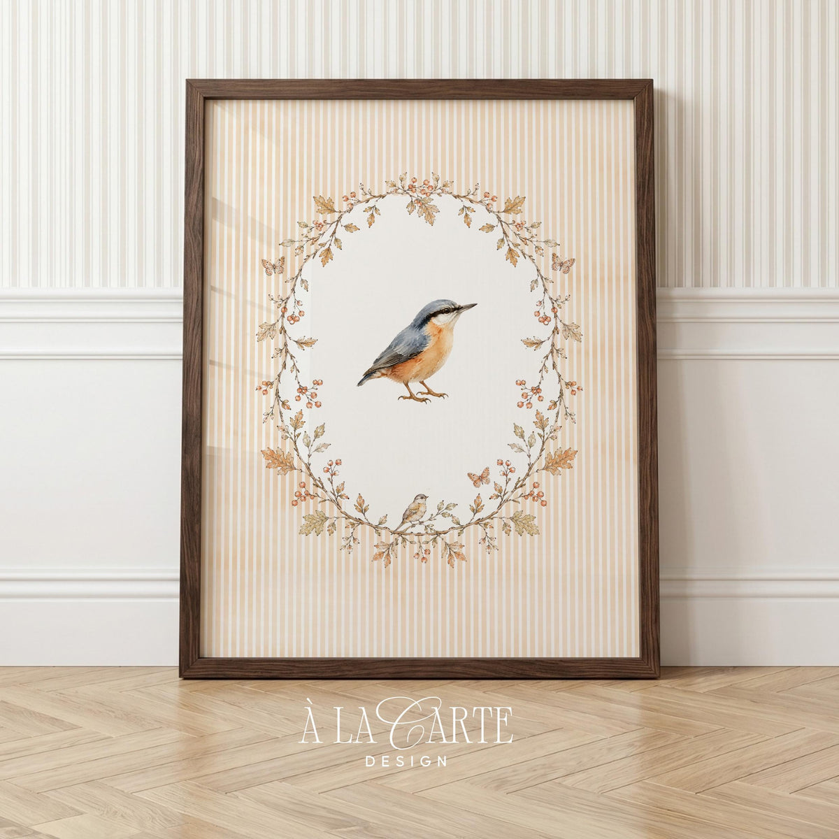 Charming songbird poster instant download — watercolor-style perching bird framed in rust and sage botanical elements