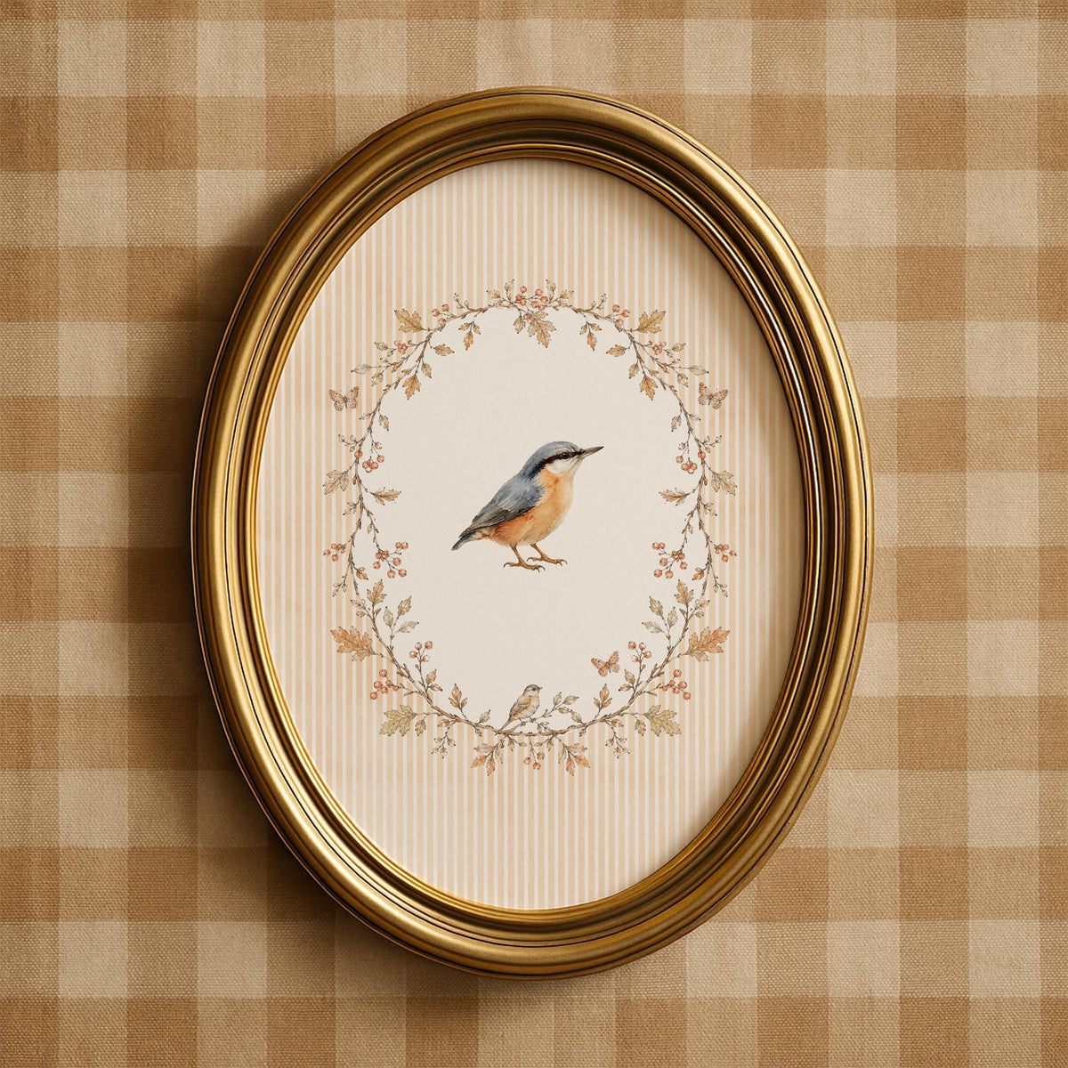 Perched songbird wall decor instant download — muted tones nuthatch on cream background, delicate botanical illustration