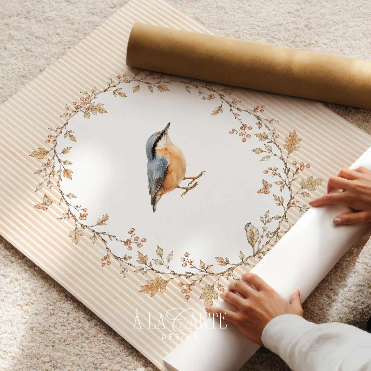 Woodland creature painting wall art — soft plumage blue-gray nuthatch with delicate botanical sprigs, vintage cottage charm
