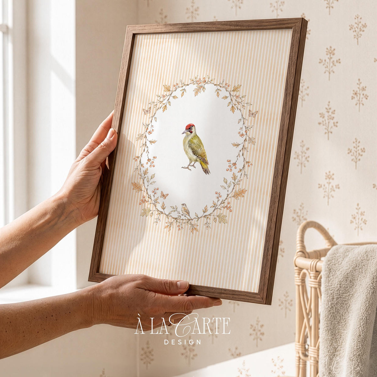 Woodland bird poster featuring delicate floral frame — cottagecore wall art with soft sage and peach tones