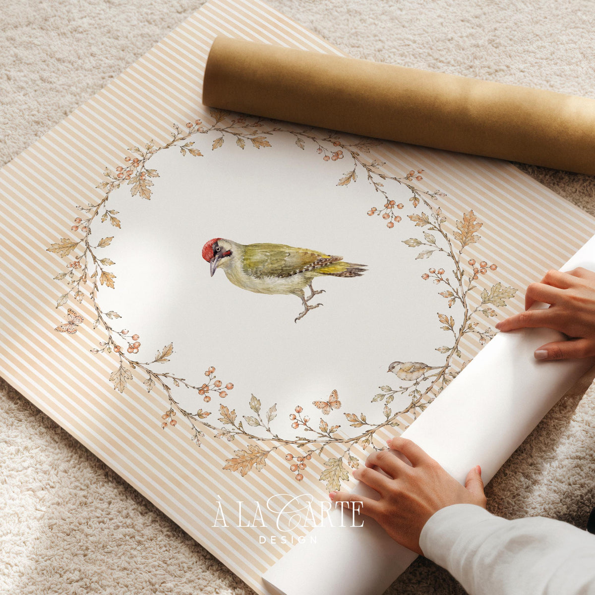 Rustic feathered creature poster for kitchen — traditional botanical-inspired animal art with delicate leaf frame