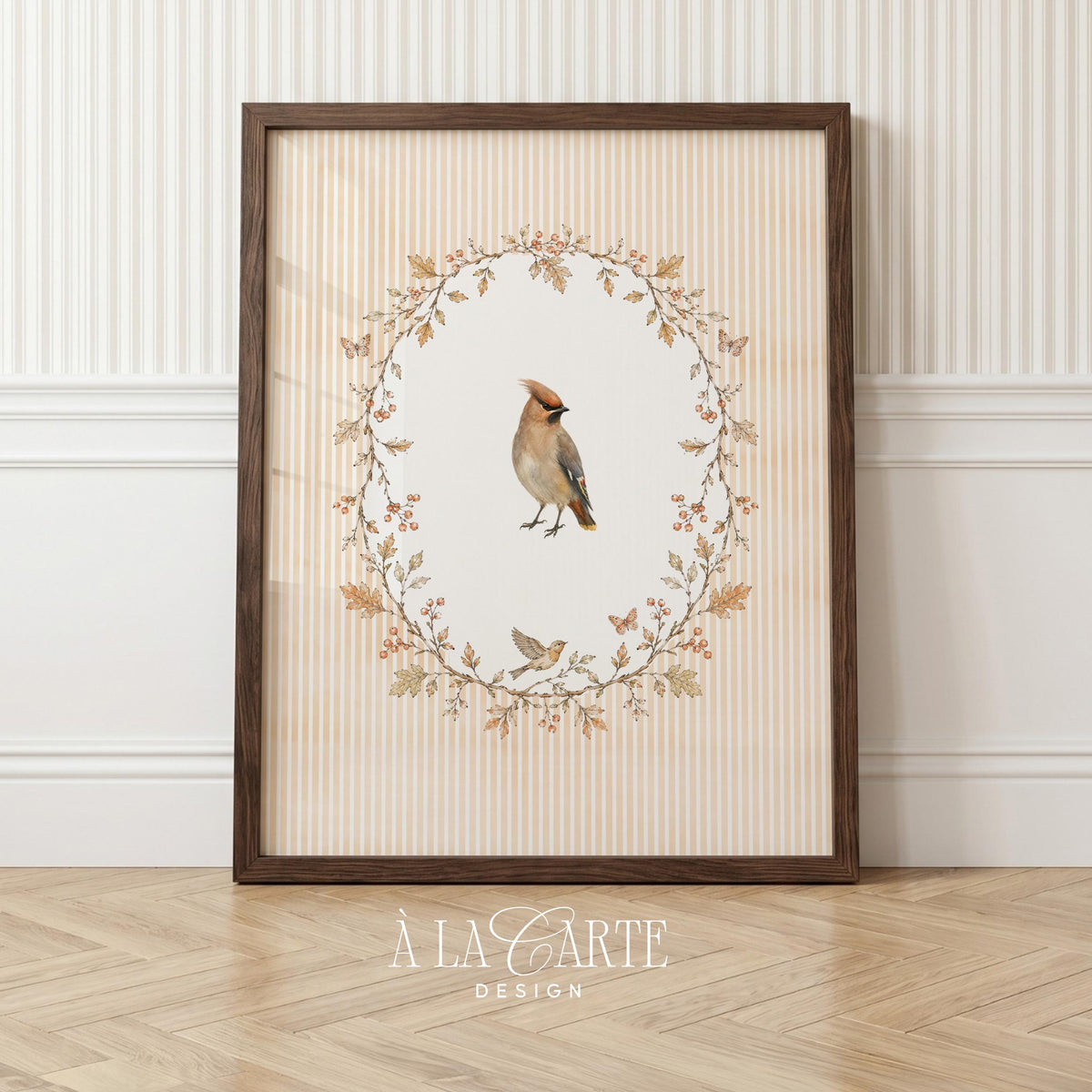 Perched woodland bird poster for nursery — watercolor painting featuring delicate foliage frame and soft neutral tones