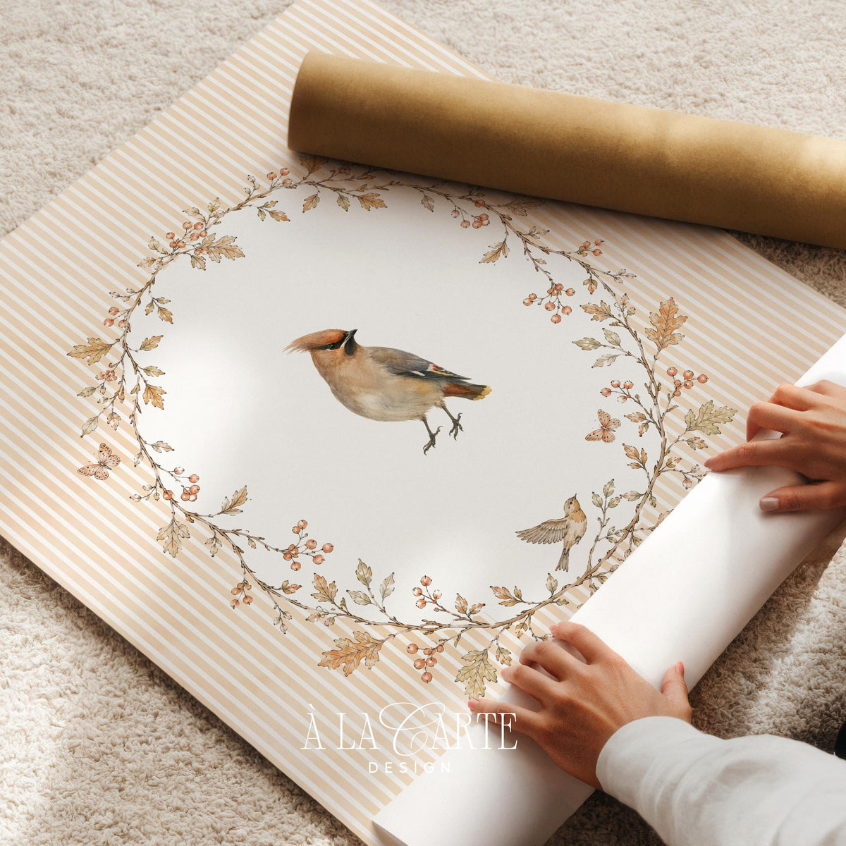 Waxwing songbird printable art for bedroom — vintage cottagecore illustration with leaf wreath and botanical accents