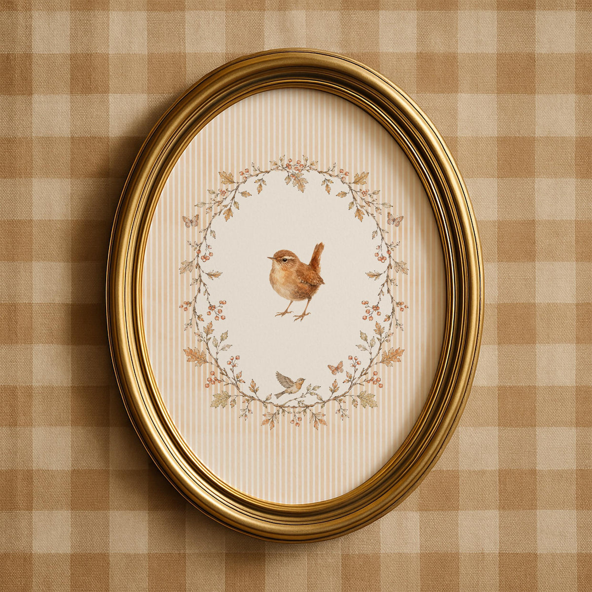 Wren painting wall art for farmhouse — watercolor design with oval floral wreath and cozy nature vibes