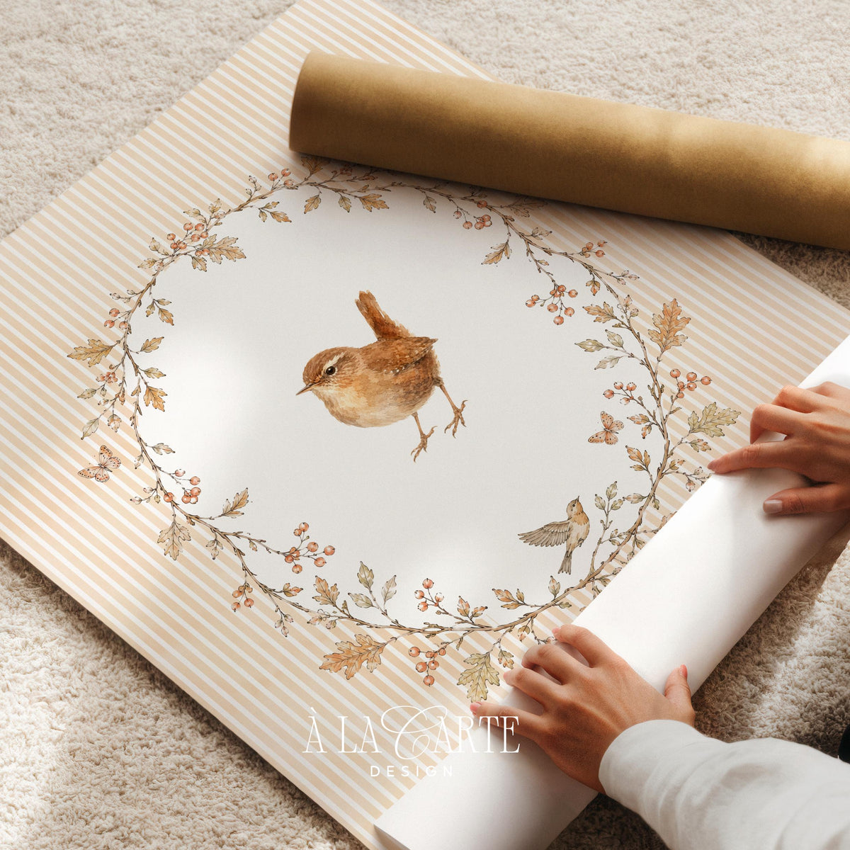 Tiny bird illustration poster for living room — cream striped background with botanical accents and gentle aesthetic