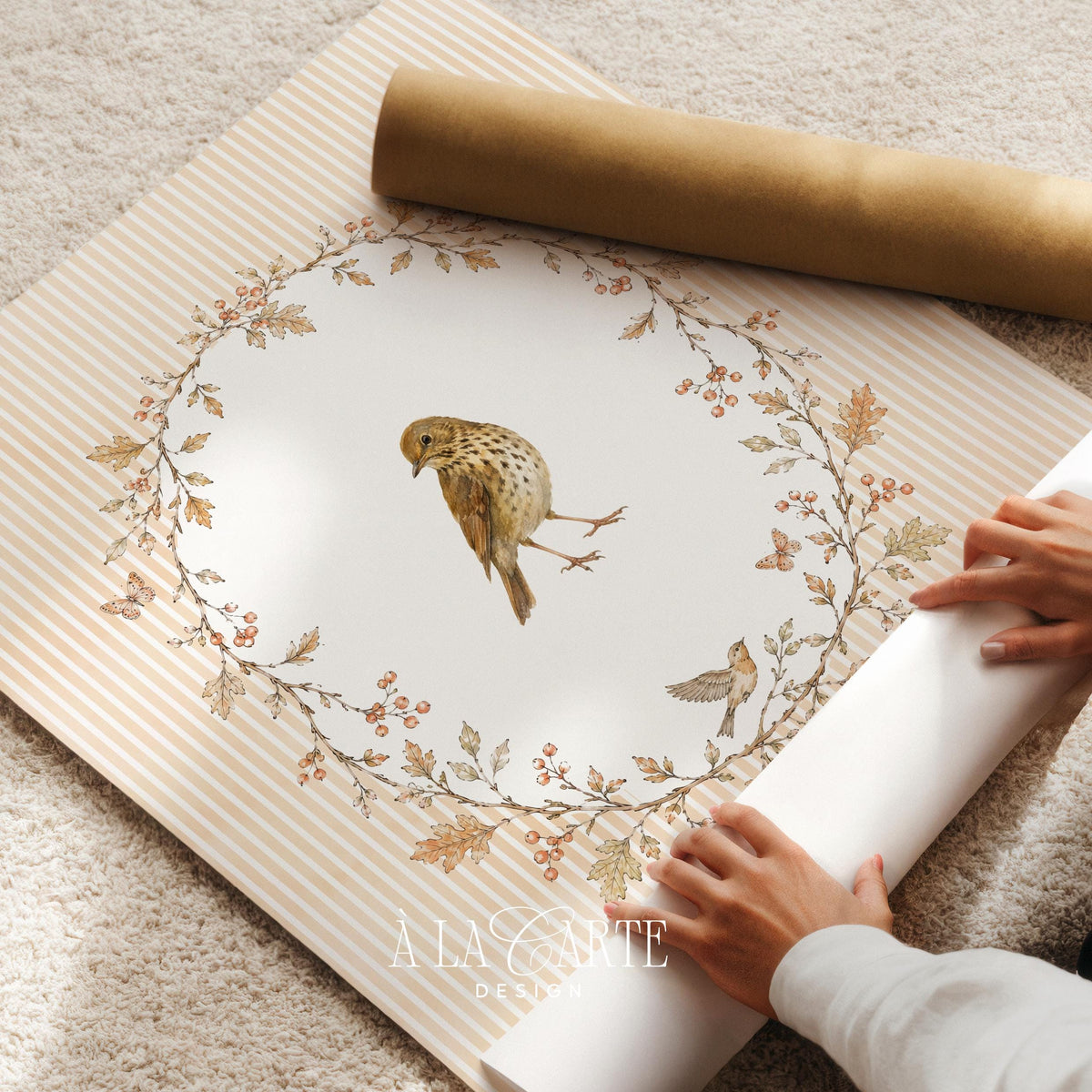 Small avian creature printable illustration for cabin — cottagecore botanical artwork with nested companion bird and delicate linework
