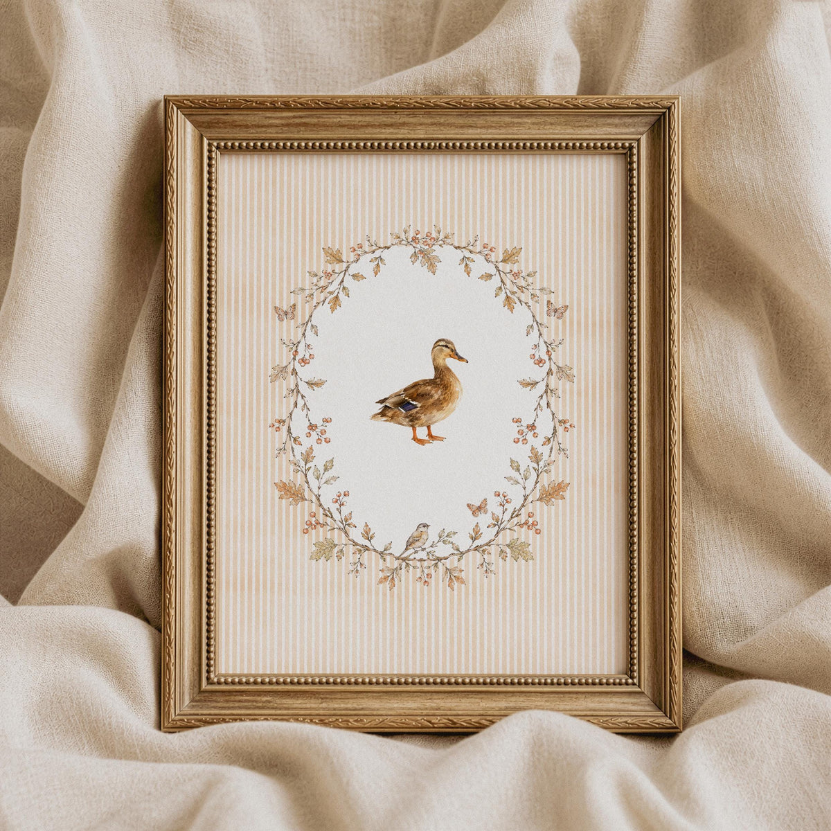 Nature-themed duck wall picture instant download — charming countryside aesthetic with ornamental foliage frame