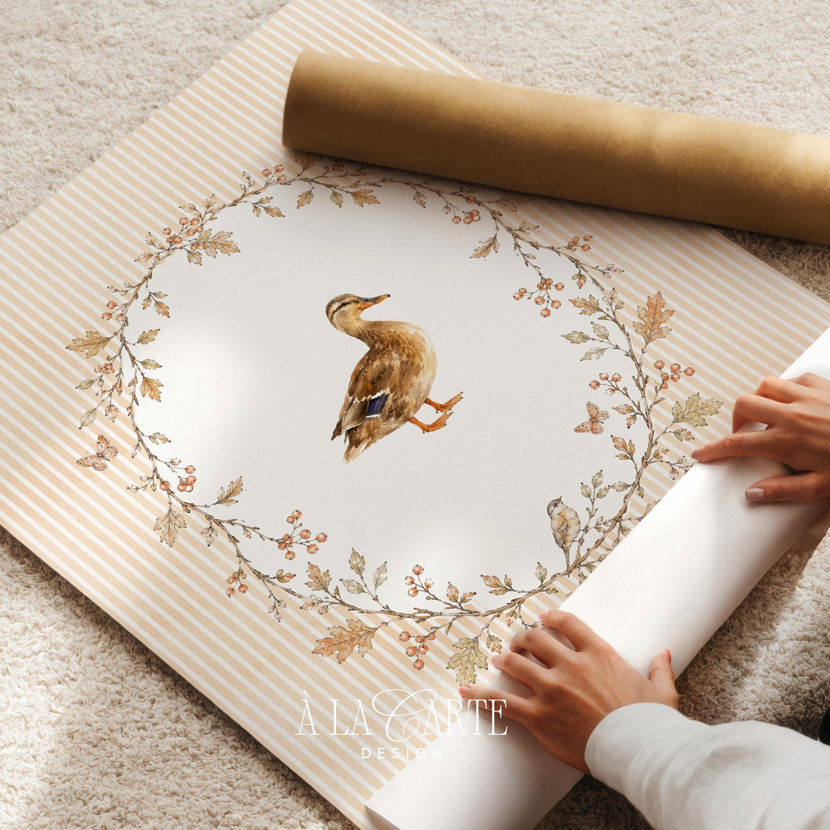 Duck artwork poster for playroom — delicate hand-drawn leaves and blossoms frame charming feathered bird