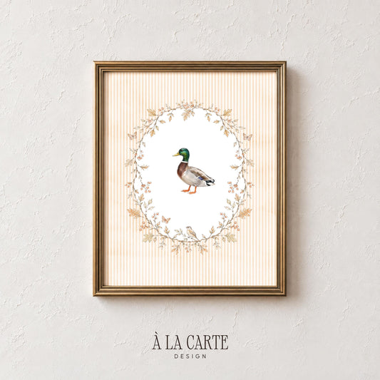 Wildlife bird picture instant download — refined nature illustration with delicate oval leaf garland, cozy rustic vibe