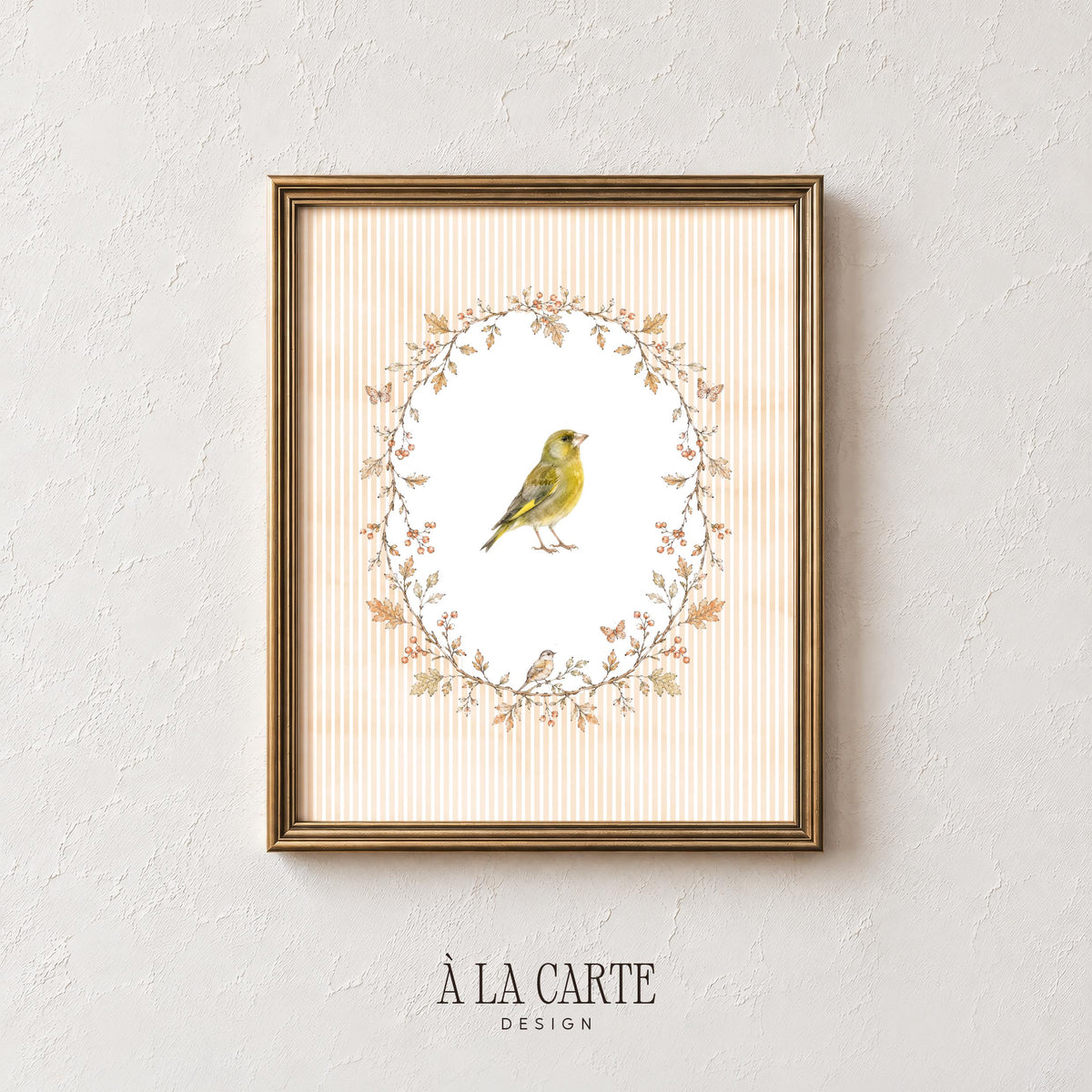 Woodland songbird gallery wall art — intimate botanical composition with fine linework on striped vintage backdrop