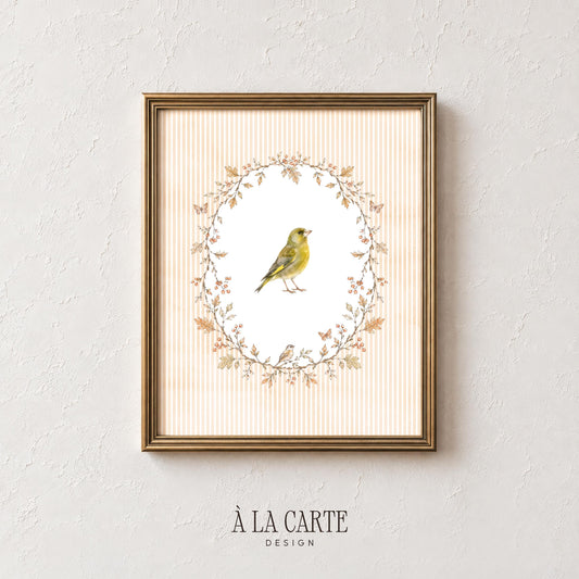 Woodland songbird gallery wall art — intimate botanical composition with fine linework on striped vintage backdrop