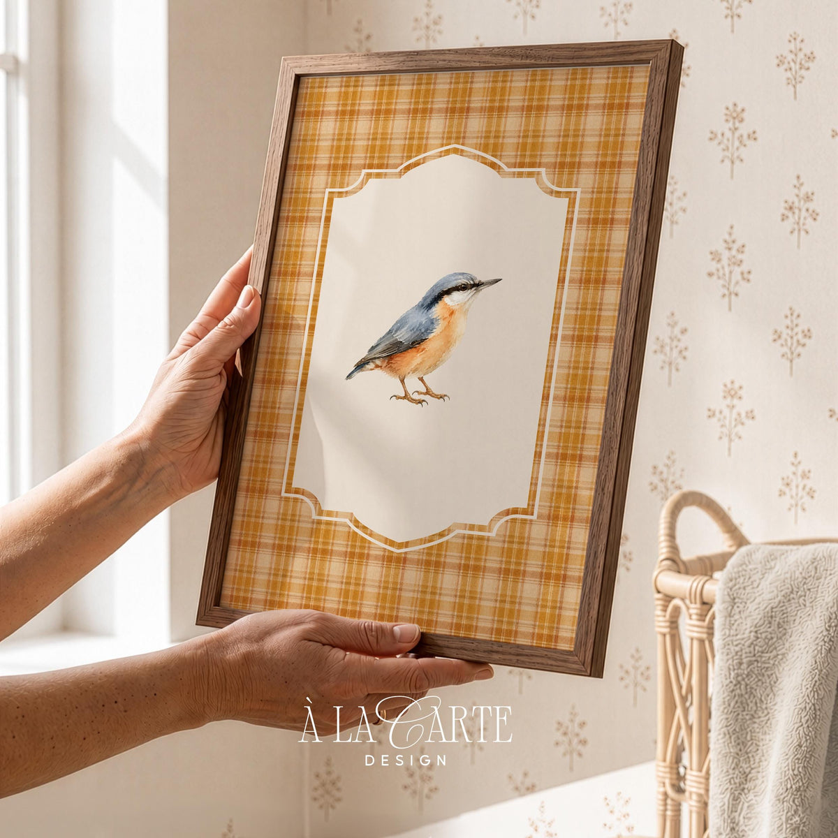 Blue-gray songbird poster for cottage decor — cozy autumn plaid background and nostalgic charm