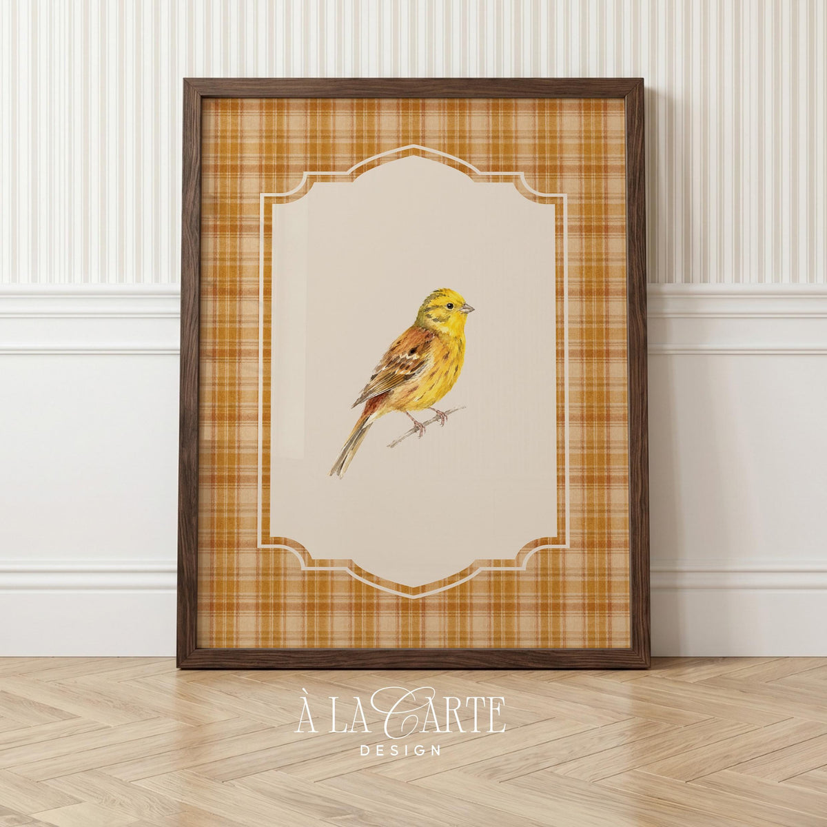 Small songbird painting digital print for living room — vintage-style bird artwork in warm autumn tones