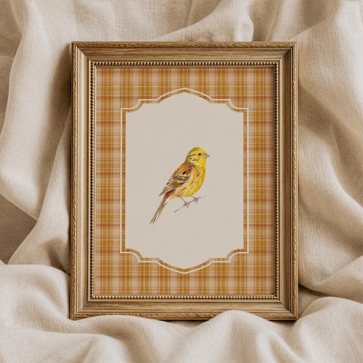 Delicate yellow bird poster for dining room — botanical illustration with autumnal farmhouse charm and scalloped motif