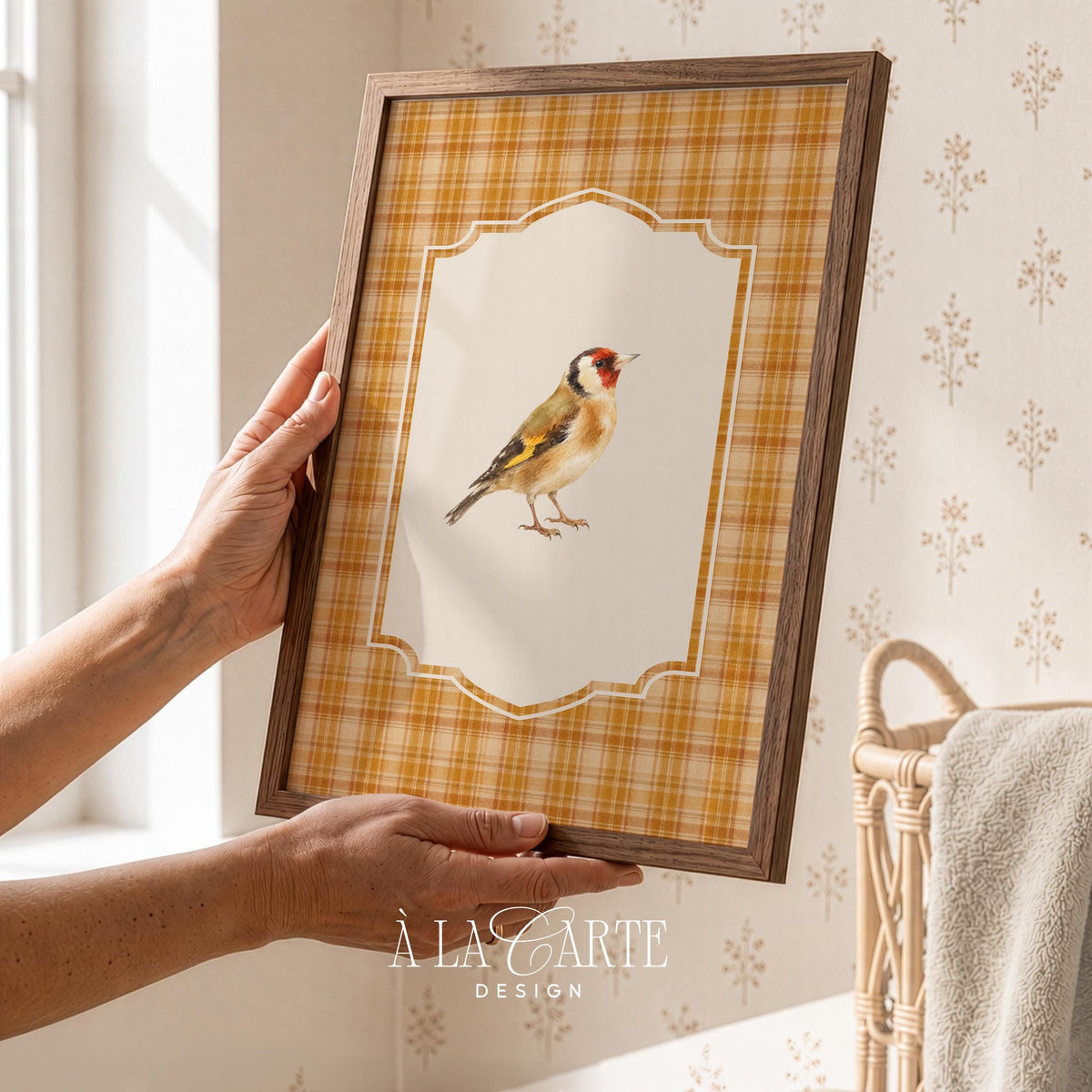 Goldfinch painting printable art for farmhouse — vintage songbird with red face and warm plumage in scalloped frame