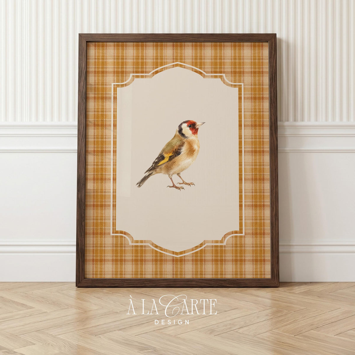 Small portrait bird poster for dining room — watercolor-style goldfinch with cottagecore warmth and decorative scallop frame