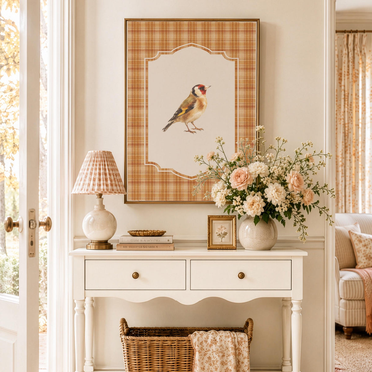 Farmhouse finch artwork printable — nostalgic songbird with red-faced plumage and autumn-inspired patterned frame