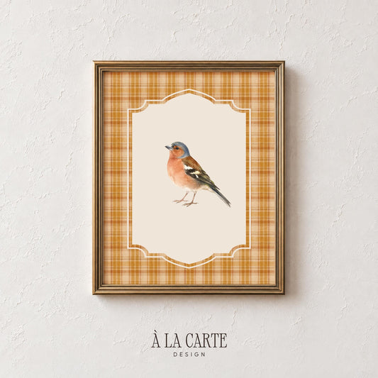 Profile songbird painting for gallery wall — soft-hued vintage-style illustration with charming farmhouse details