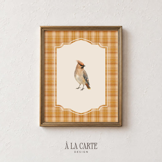 Small woodland bird printable poster for bedroom gallery — soft vintage watercolor with decorative plaid trim and charming rustic aesthetic