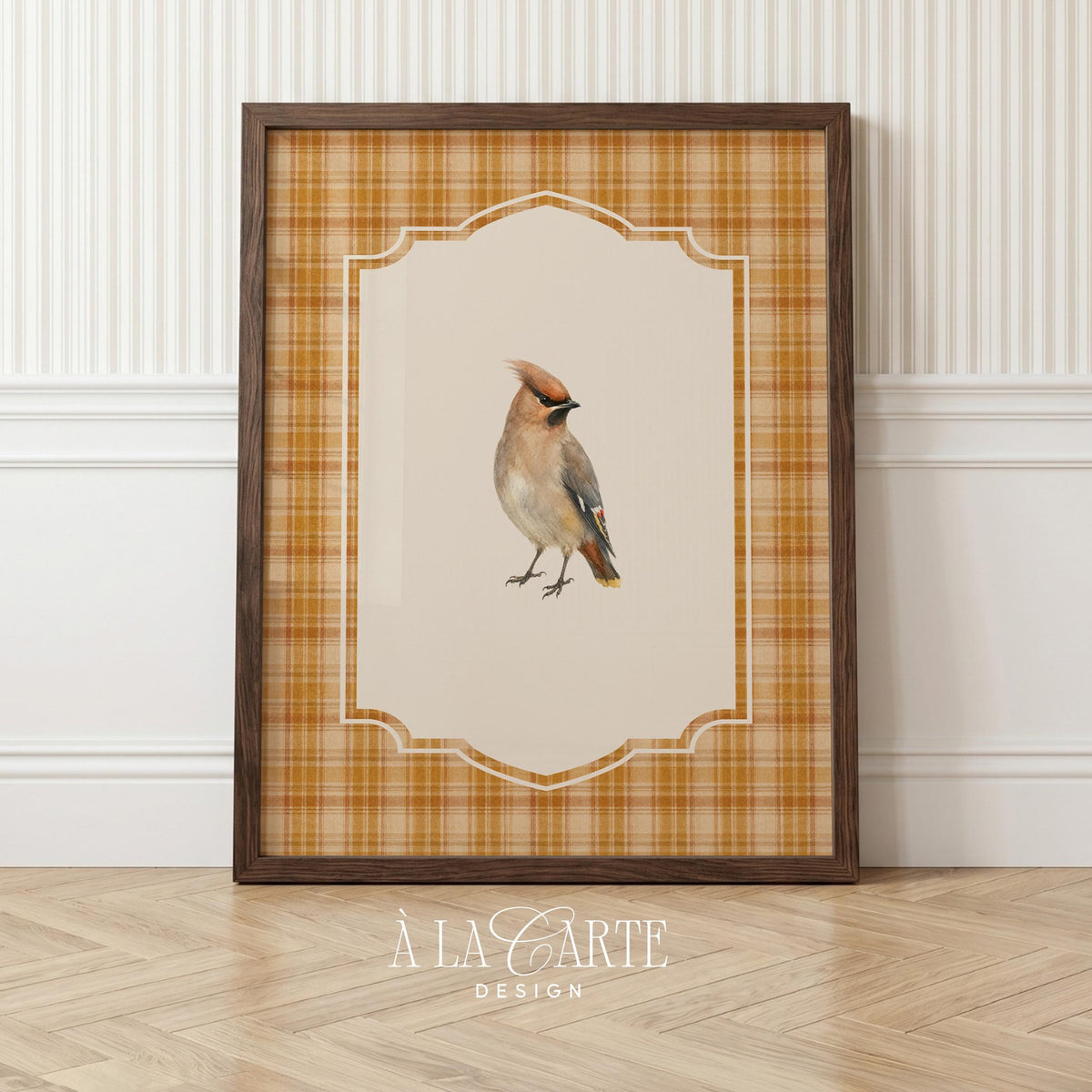 Feathered songster poster for farmhouse kitchen — watercolor brushwork illustration with vintage plaid and cottagecore appeal