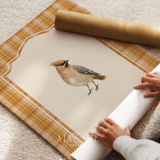 Feathered creature picture for kitchen — soft brushwork illustration with warm orange and cream cottagecore vibe