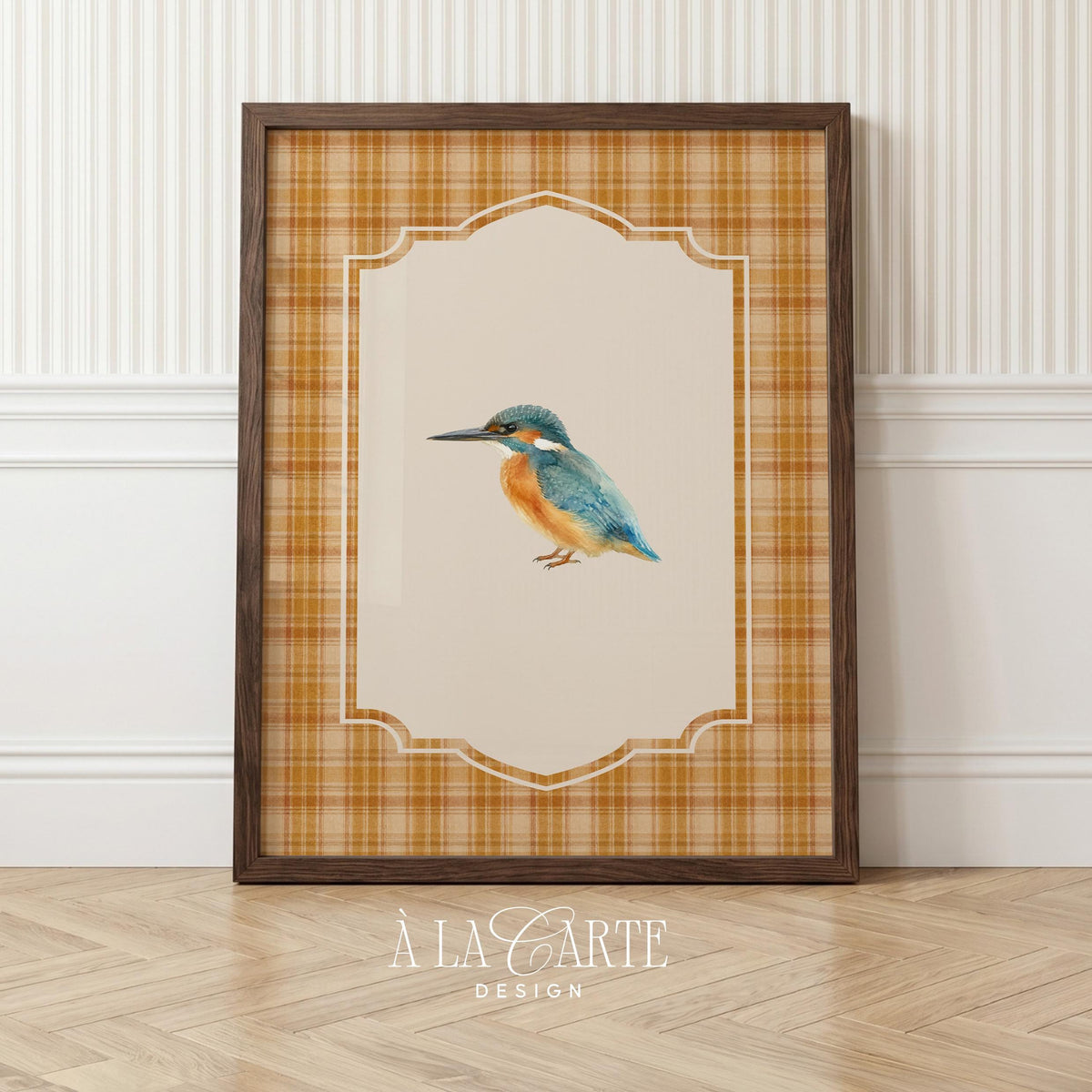 Feathered creature poster for entryway — soft painterly rendering with decorative medallion border and nostalgic farmhouse vibe