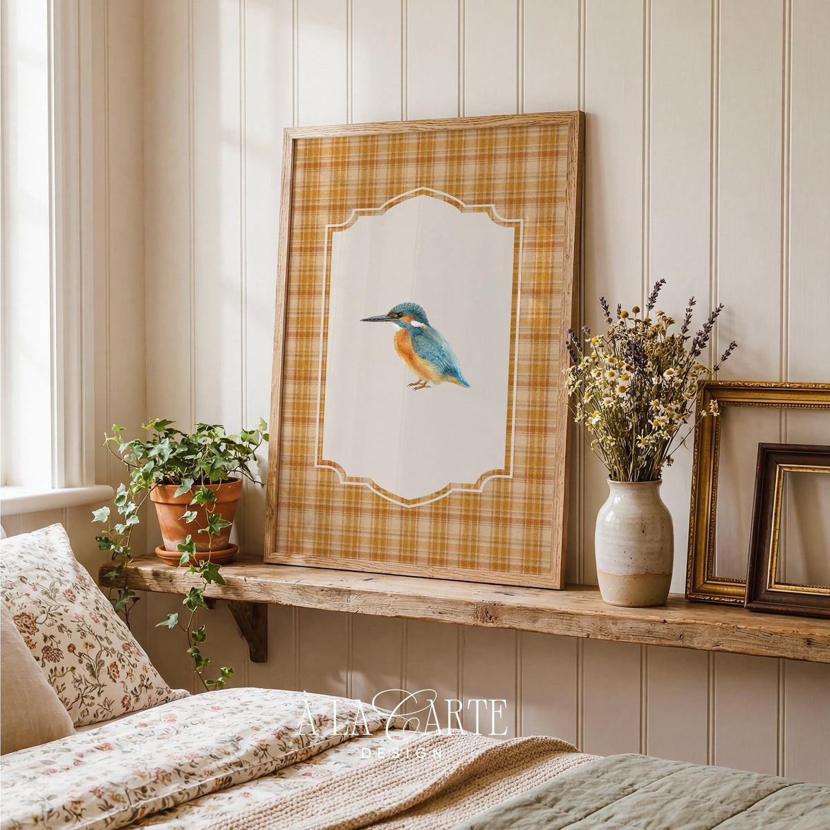 Vintage kingfisher artwork printable design — farmhouse bedroom art with ornamental frame and autumnal color palette
