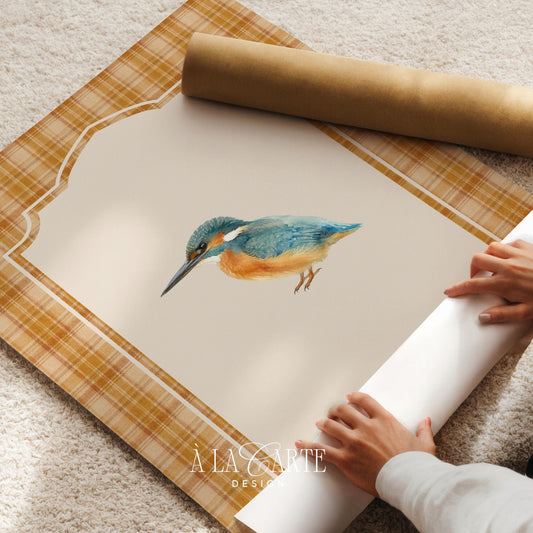 Cozy bird illustration printable decor — soft-toned avian artwork with ornamental gold and orange plaid surround
