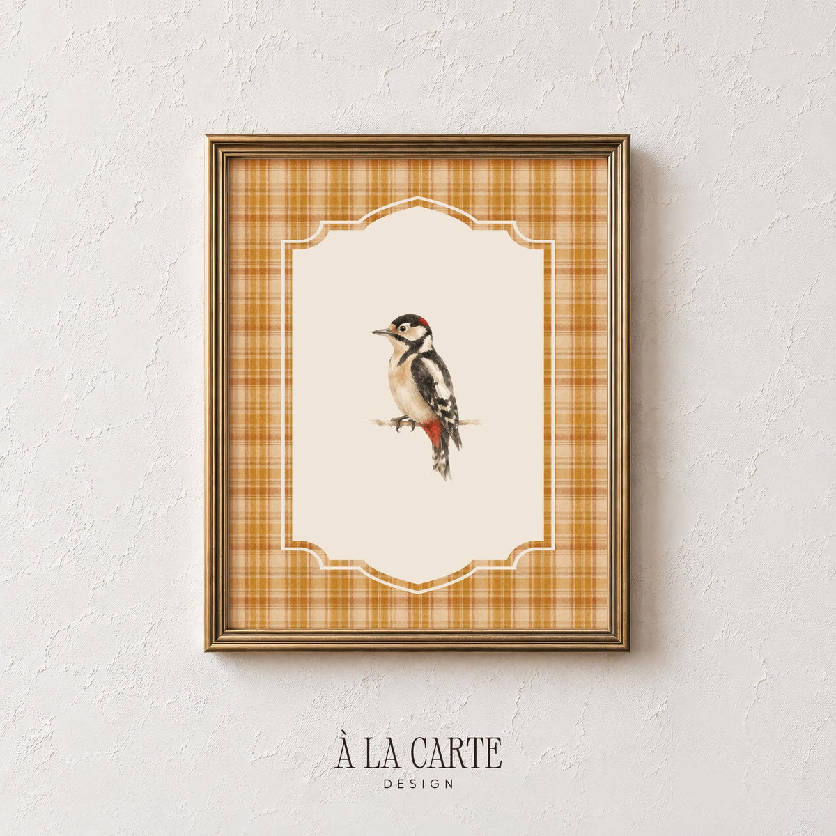 Heritage-style nature printable art — detailed avian illustration with scalloped frame, warm textile palette, and cozy country aesthetic