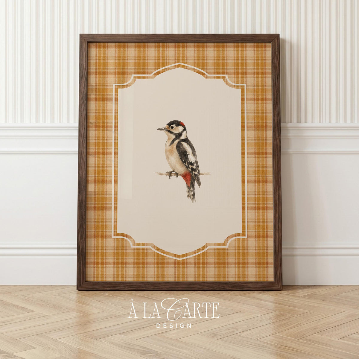 Vintage bird artwork for kitchen — heritage-style feathered creature portrait with cream and orange textile-inspired frame