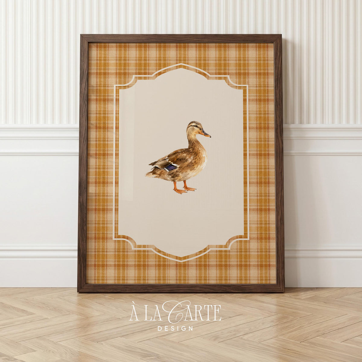 Vintage bird poster wall decor for dining room — hand-painted waterfowl with ornate plaid frame in harvest gold tones