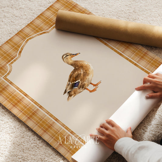 Duck illustration poster for rustic kitchen — creamy background with detailed watercolor brushwork and cozy country aesthetic