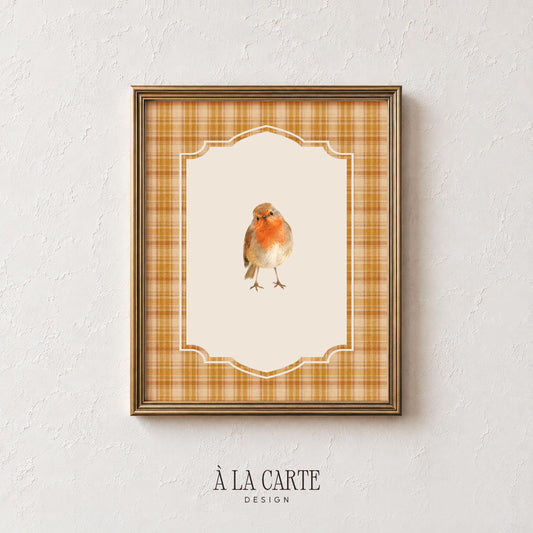 Vintage farmhouse wall art featuring perched songbird — golden tartan aesthetic with peaceful mood