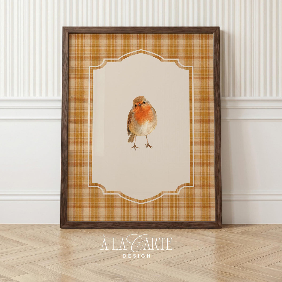 Robin bird printable art for bedroom — soft cottagecore illustration with warm golden plaid background