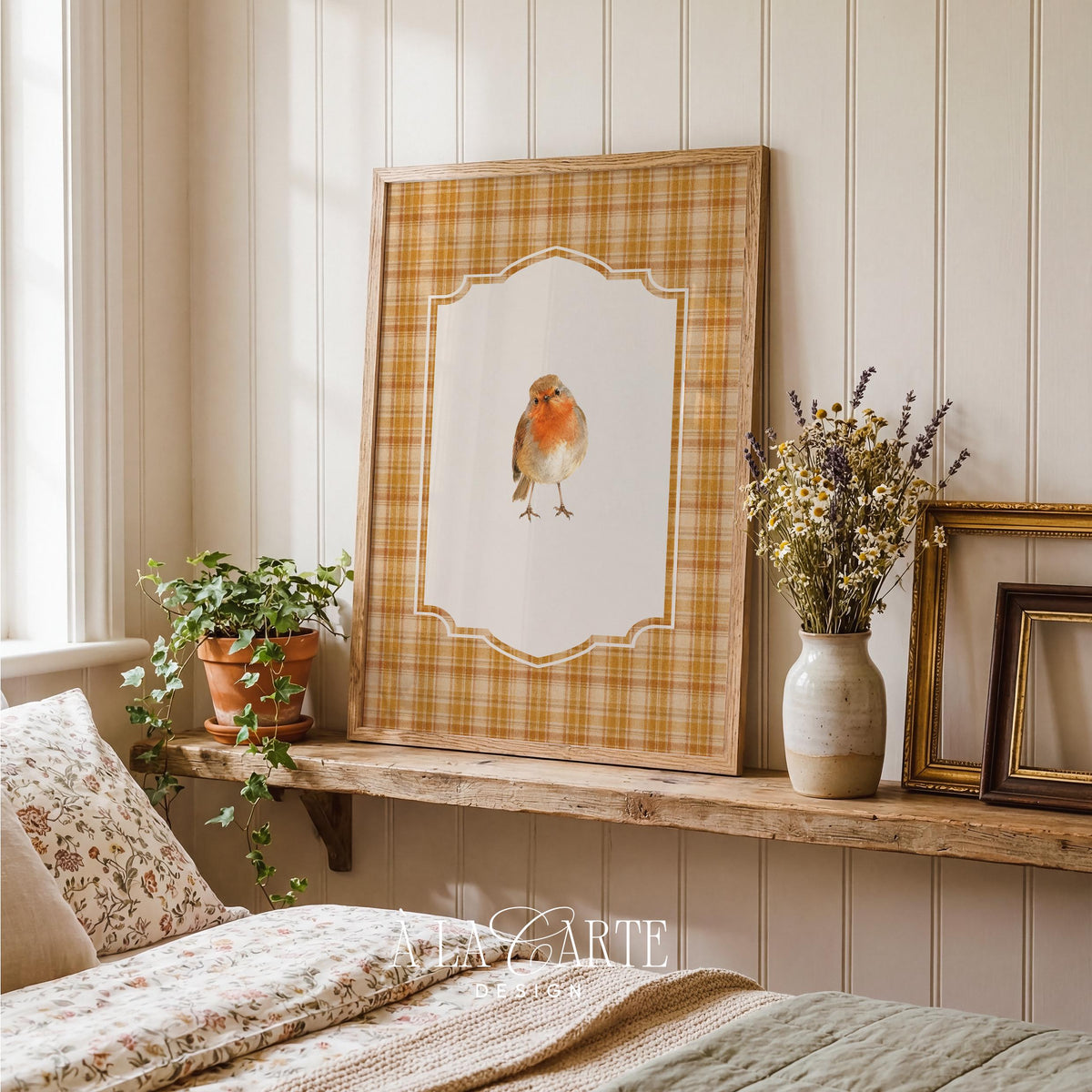 Orange-breasted songbird wall picture for entryway — cozy, warm-toned illustration on plaid background