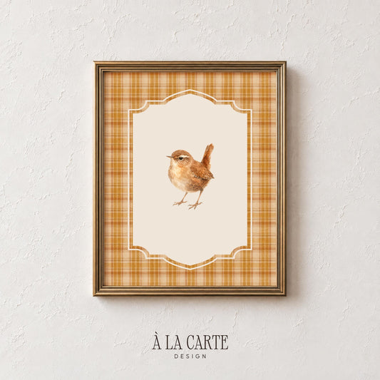 Ornate framed songbird poster for dining room — cottagecore wall art featuring soft realistic feather texture and golden accents